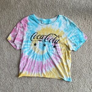 Coca-Cola Tie Dye Crop Top Large Graphic Tee Color Blue Yellow Pink Stars Black